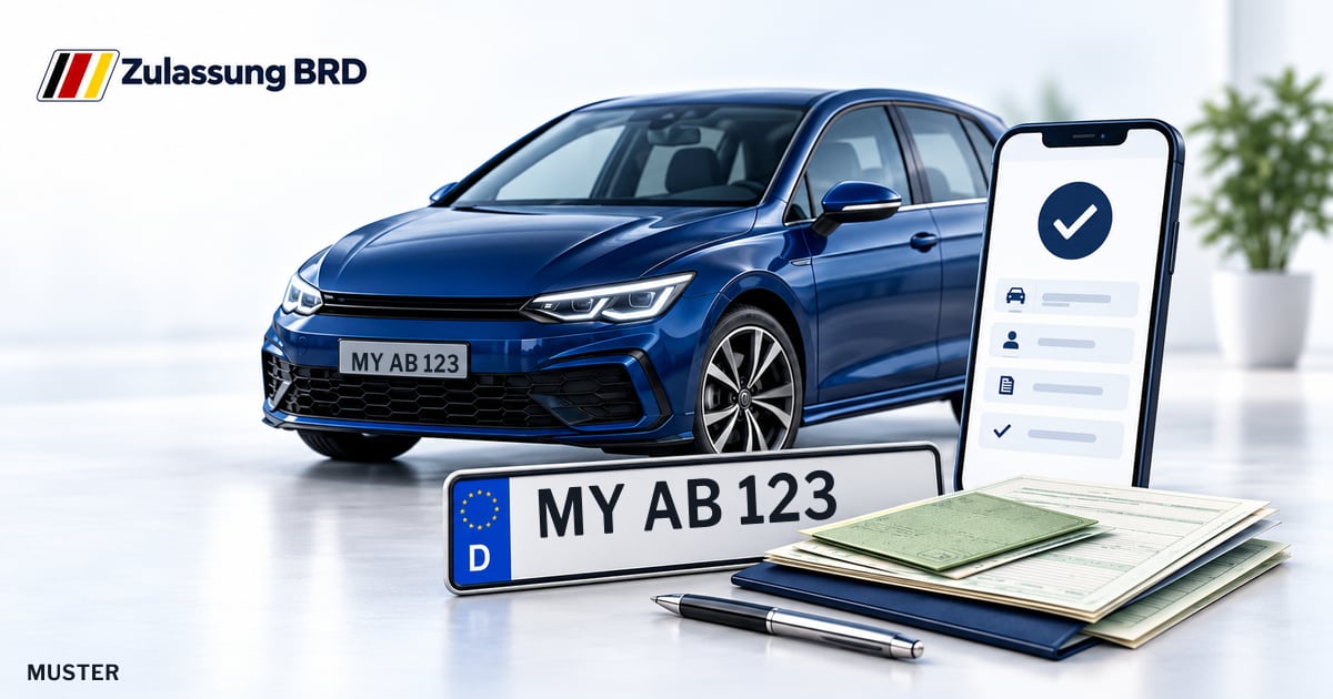 Online Fahrzeugzulassung in Andernach: Musterkennzeichen MY AB 123, Auto und Fahrzeugpapiere und Smartphone. Illustration mit Logo von Zulassung BRD.